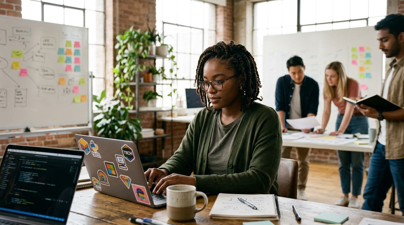 A Black woman developer testing a product on her laptop in a bright studio