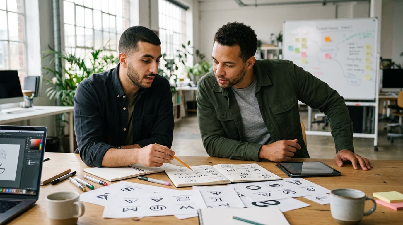 A Black woman product designer and Black man founder reviewing product sketches together